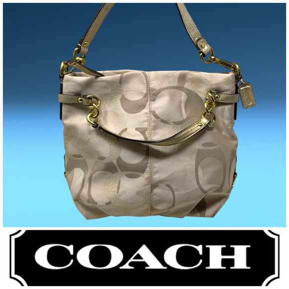 Coach Champagne Logo Canvas Gold Leather Slouchy Hobo Bag Purse D1271-F20221 - Picture 1 of 12